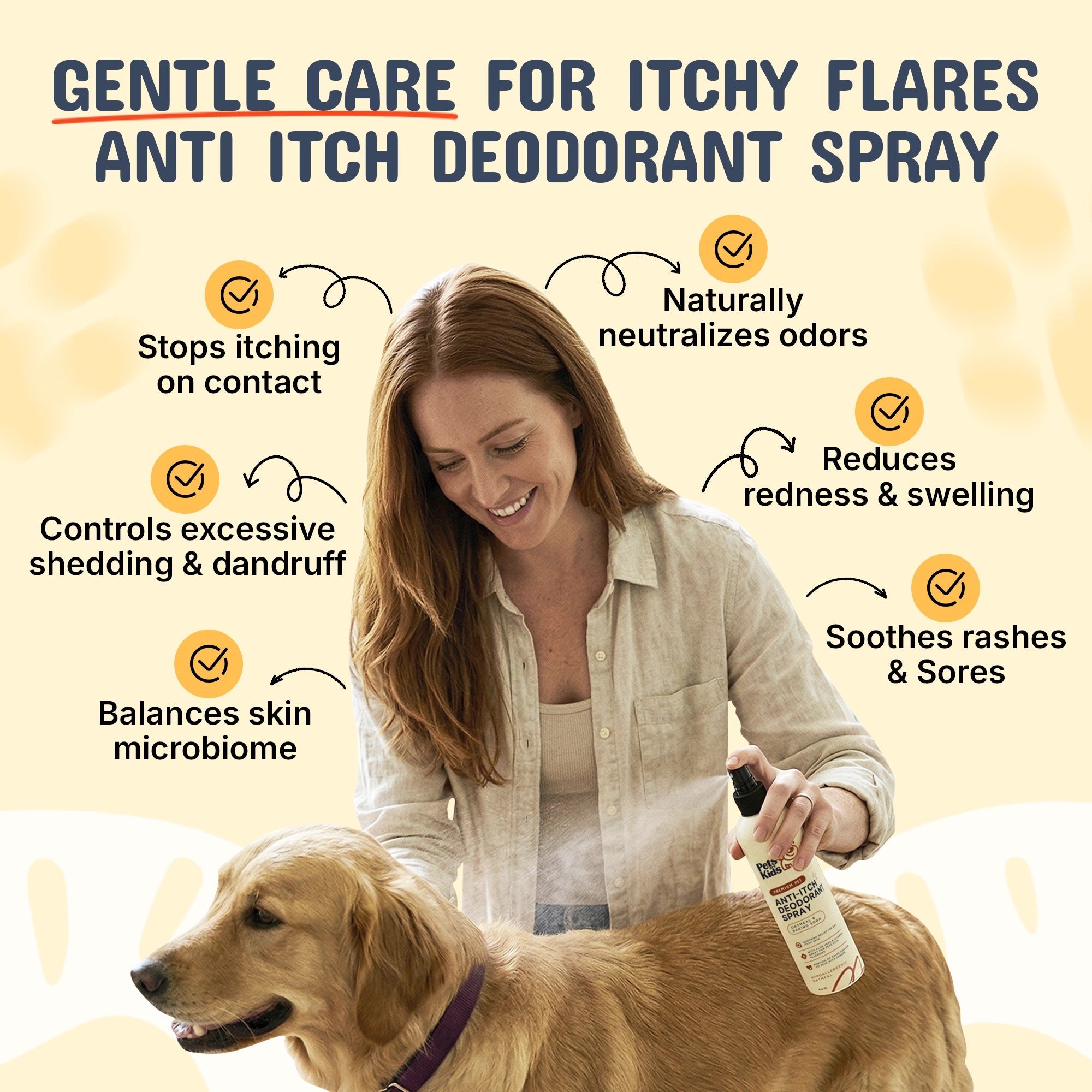 Woman applying anti-itch deodorant spray to a dog with product features