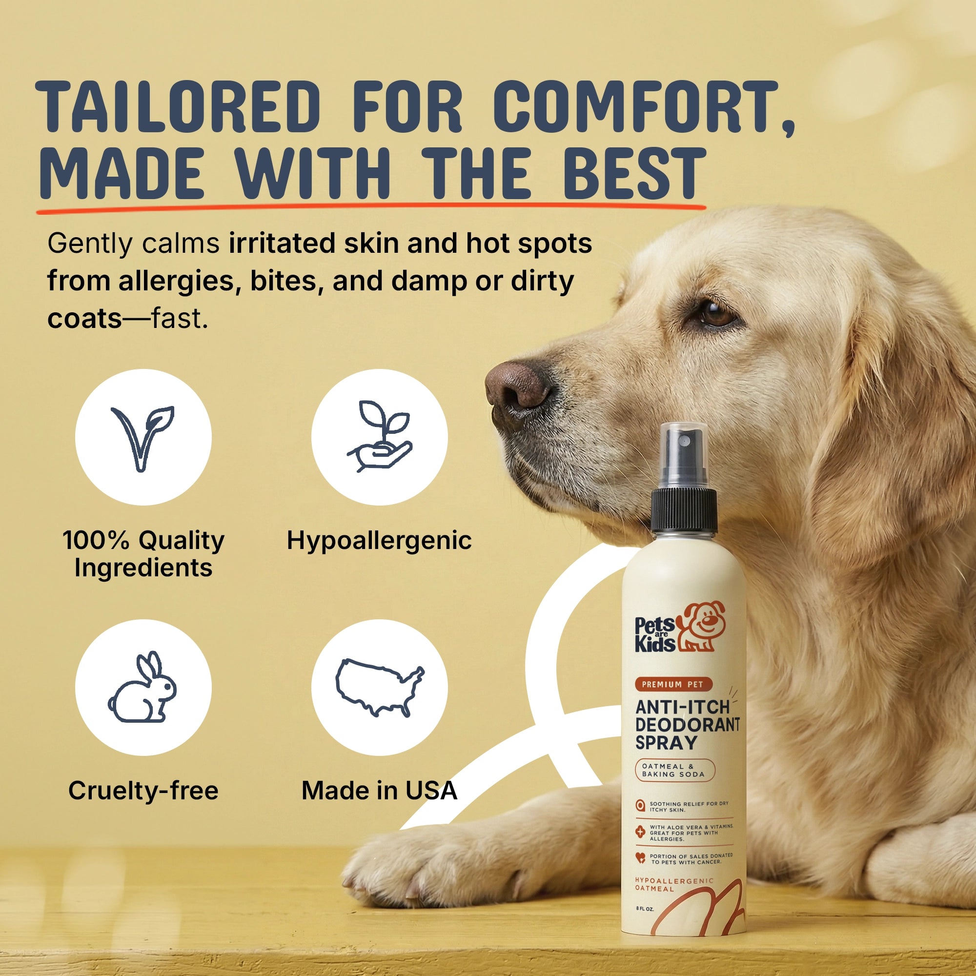 Dog with a deodorant spray bottle and product features