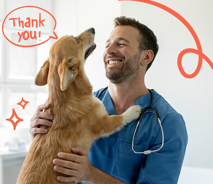 Veterinarian holding a dog with a 'Thank you!' speech bubble, indicating gratitude.
